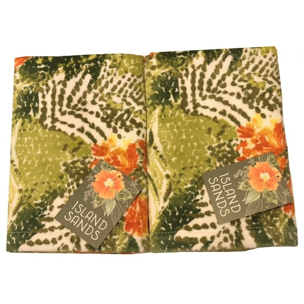Tropical Island Sands Parrot Palm Plush Hand Towels Beach Summer House Set of 2